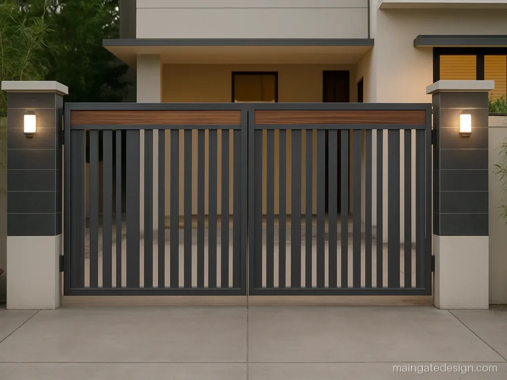 Main gate design iron pipe with mixed width vertical pipes and a wood strip