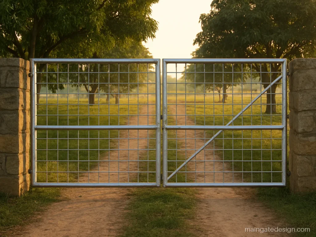 MS pipe main gate design with round pipe grid for a farm house