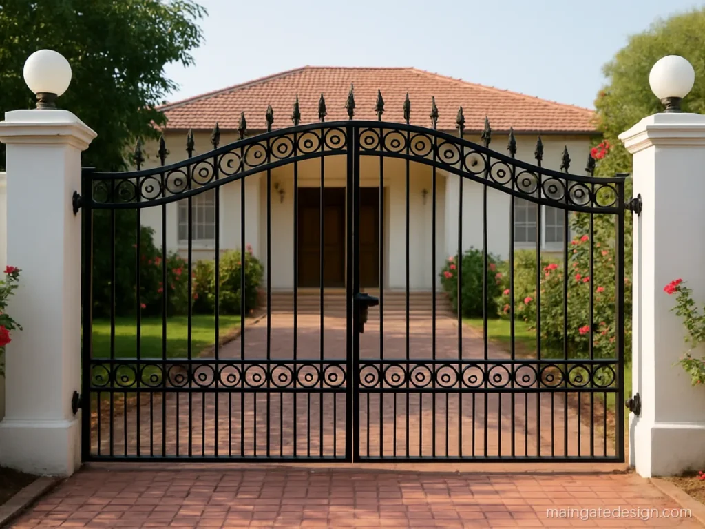 Wrought iron main gate design with C scrolls and gold leaf collars on black