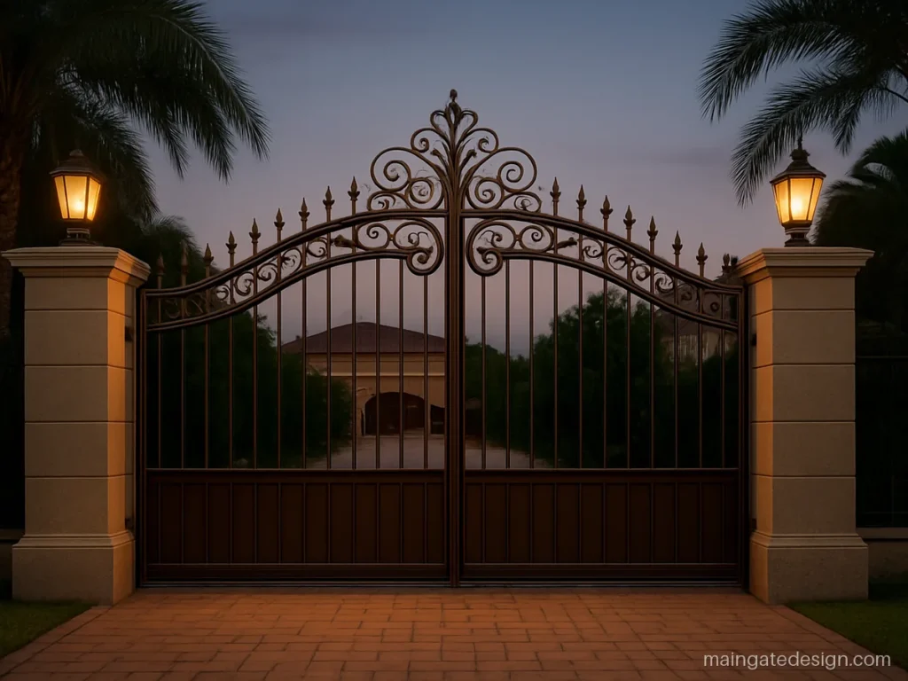 Ornate iron main gate design with a scroll crown at the top in dark bronze