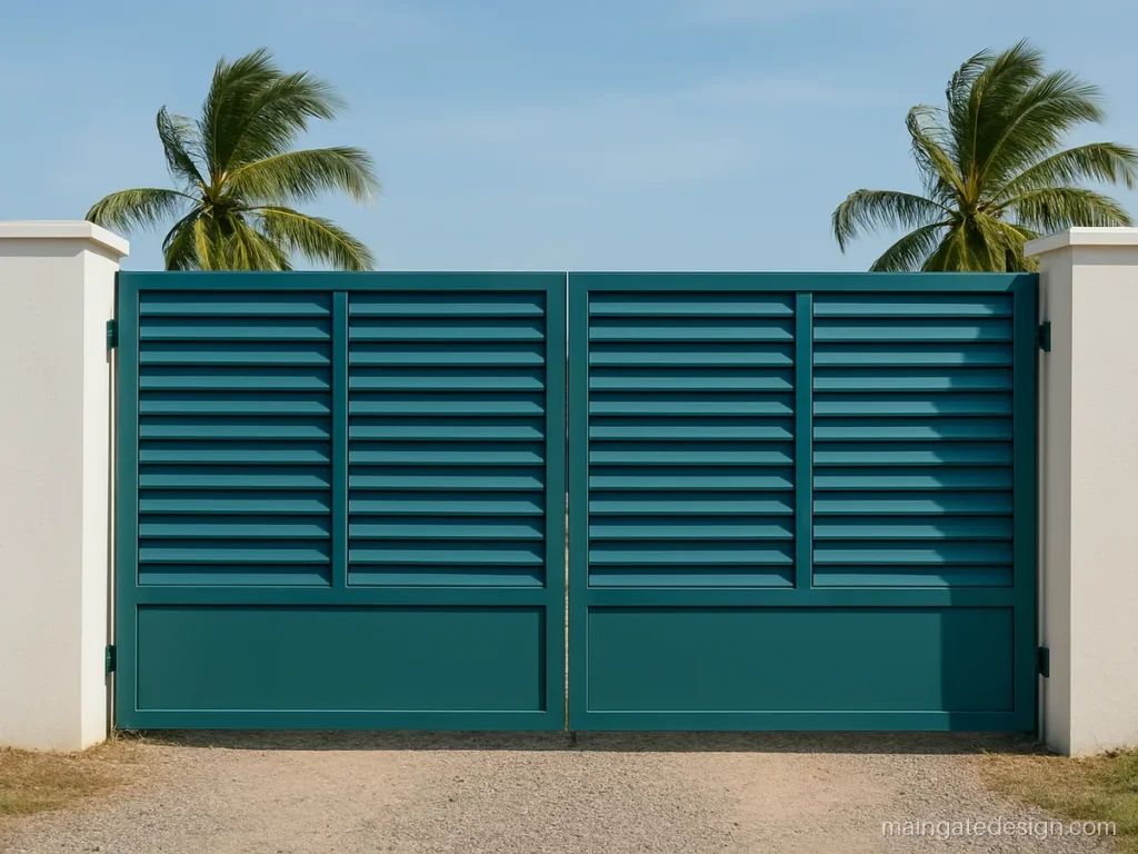 Iron main gate ventilation design with sheet panels and angled louver slats
