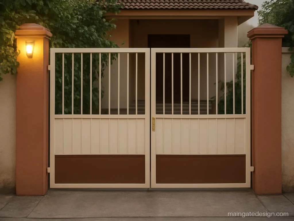 Iron main gate design for home with simple bars and a solid sheet bottom