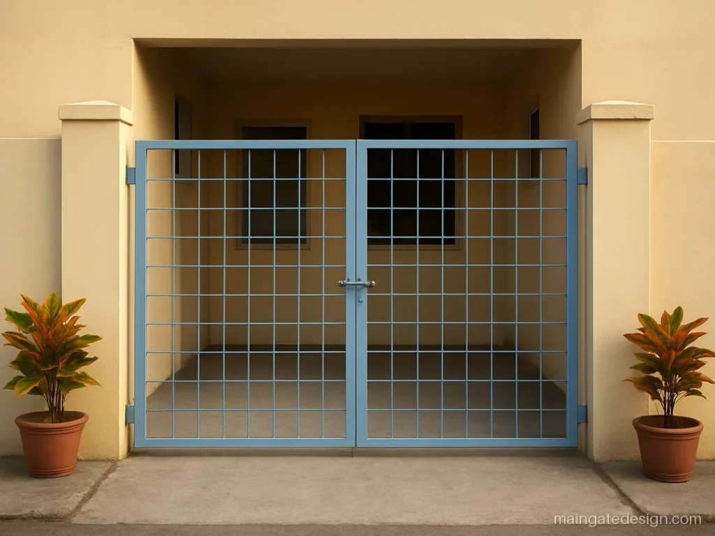 Simple main gate iron design for home with a flat strip grid in sky blue