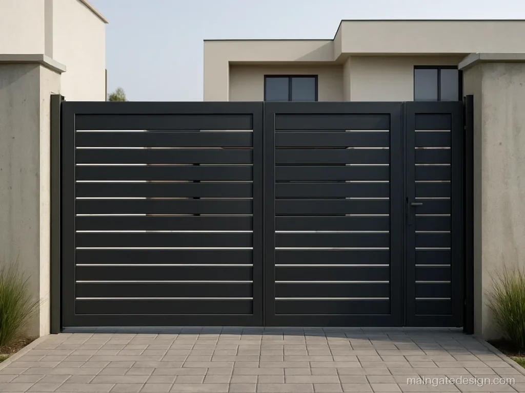 Square pipe main gate design with horizontal MS slats in charcoal grey