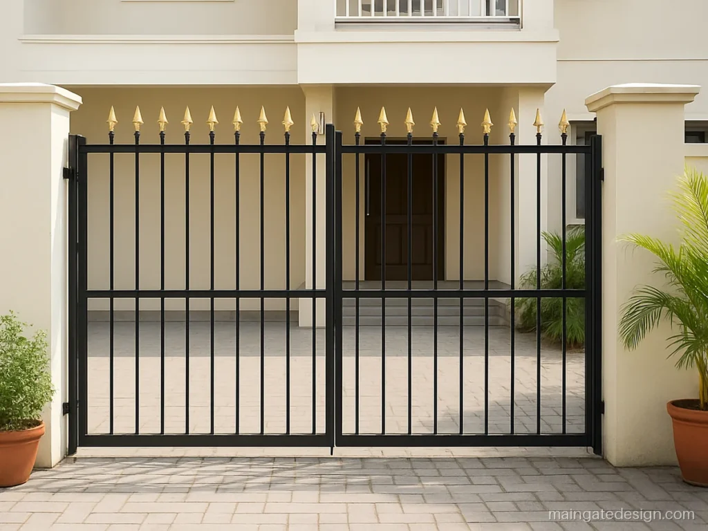 Iron main gate design with vertical MS bars, spear tips and a black frame