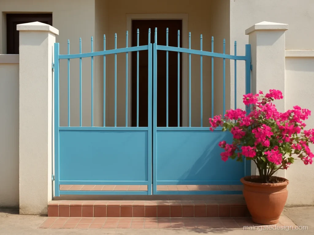Simple main gate design for home in blue with bars and a middle band