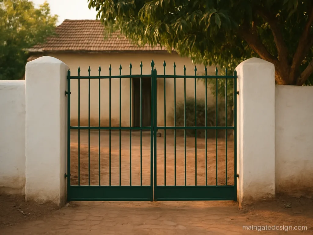 Main gate simple design with vertical bars and small spear tips in dark green