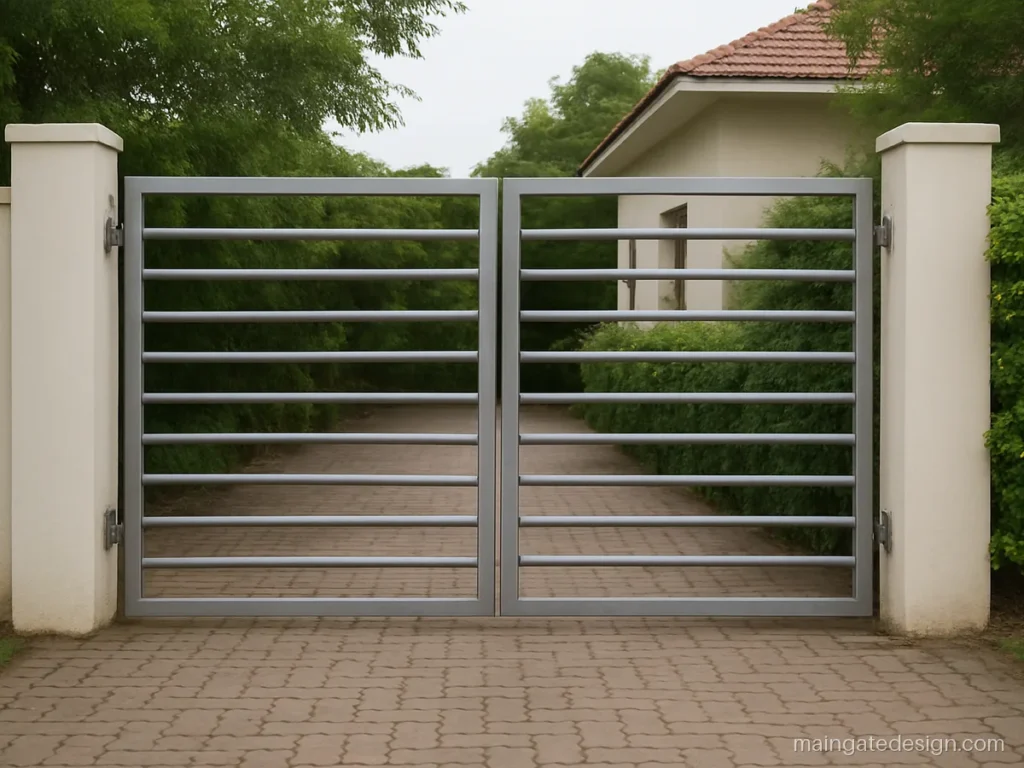 Modern low cost simple main gate design with horizontal pipe rails in grey