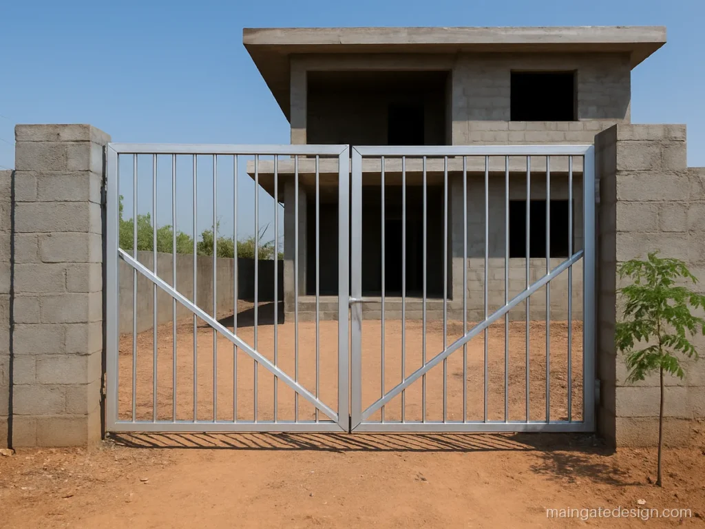 Low budget main gate design with a light frame and one diagonal brace