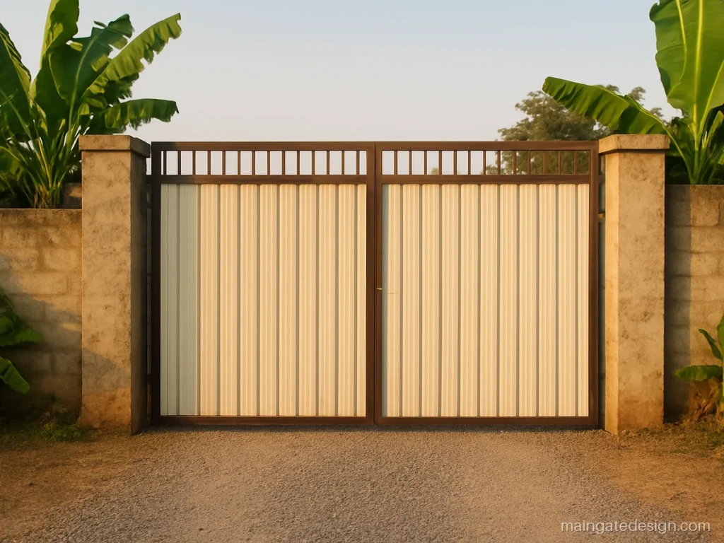 Low cost simple main gate design with ribbed sheet panels and cream frame