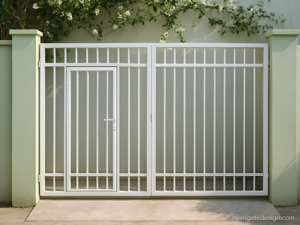 Main gate design with small gate built into one leaf in white