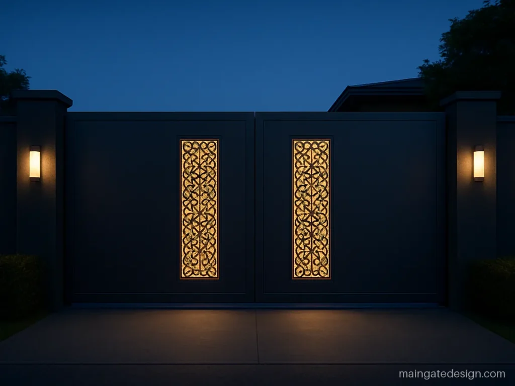 Best main gate design with a backlit jali panel at the centre