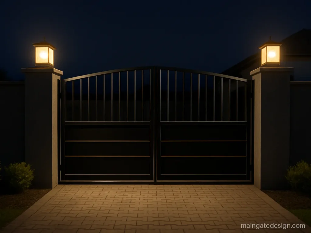 Trending main gate design in black and gold with cube lamps on pillars