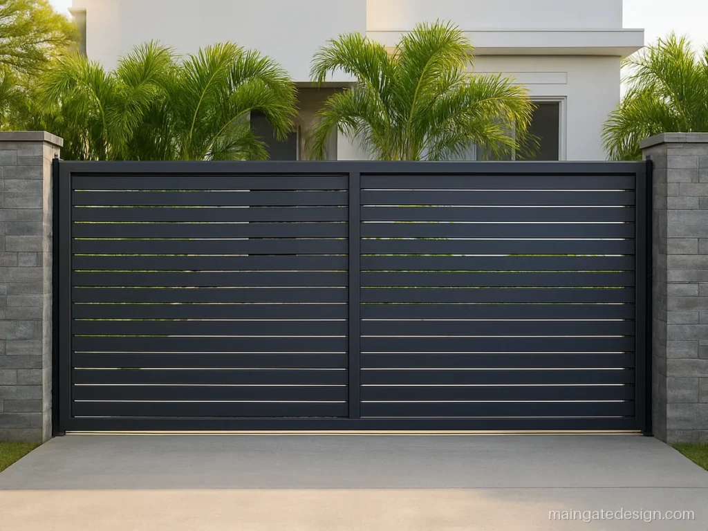 Modern main gate design with charcoal horizontal MS slats on a sliding frame