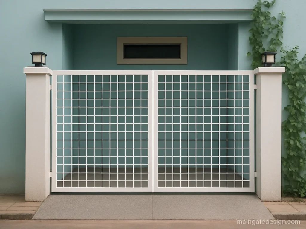 Modern main gate design for home with a square grid box pattern in white