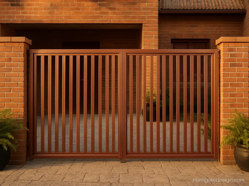 Latest main gate design for home with offset vertical bars in copper tone