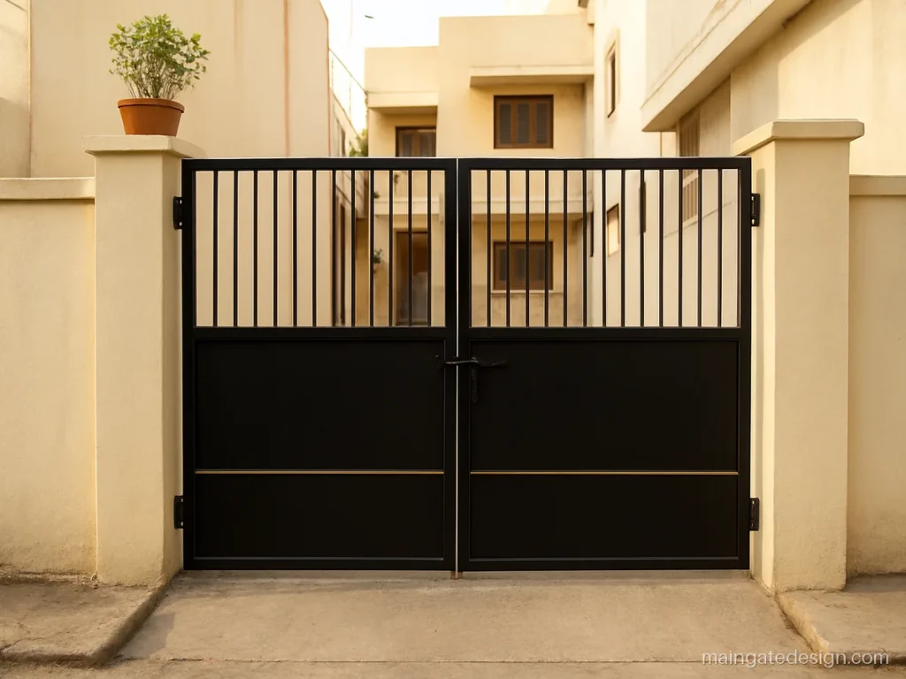 Main gate new loha door design with vertical bars and a solid lower panel