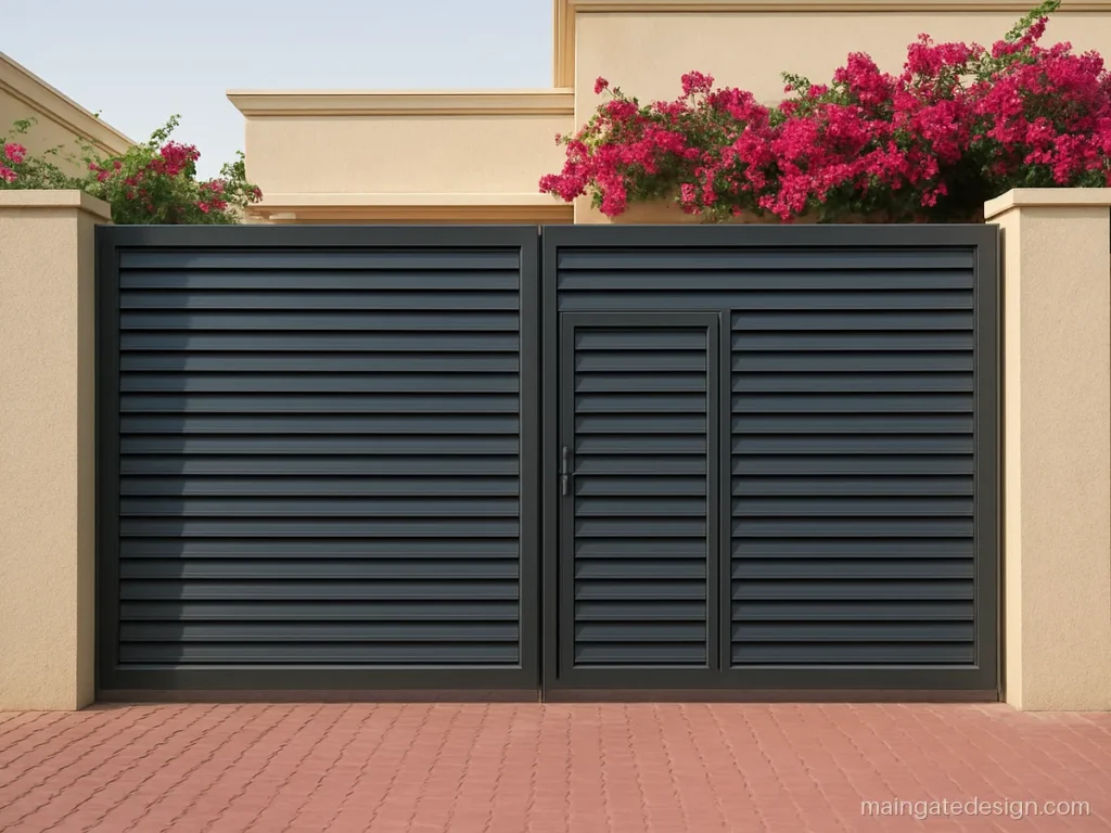 Modern MS main gate design with angled louver slats and a wicket door