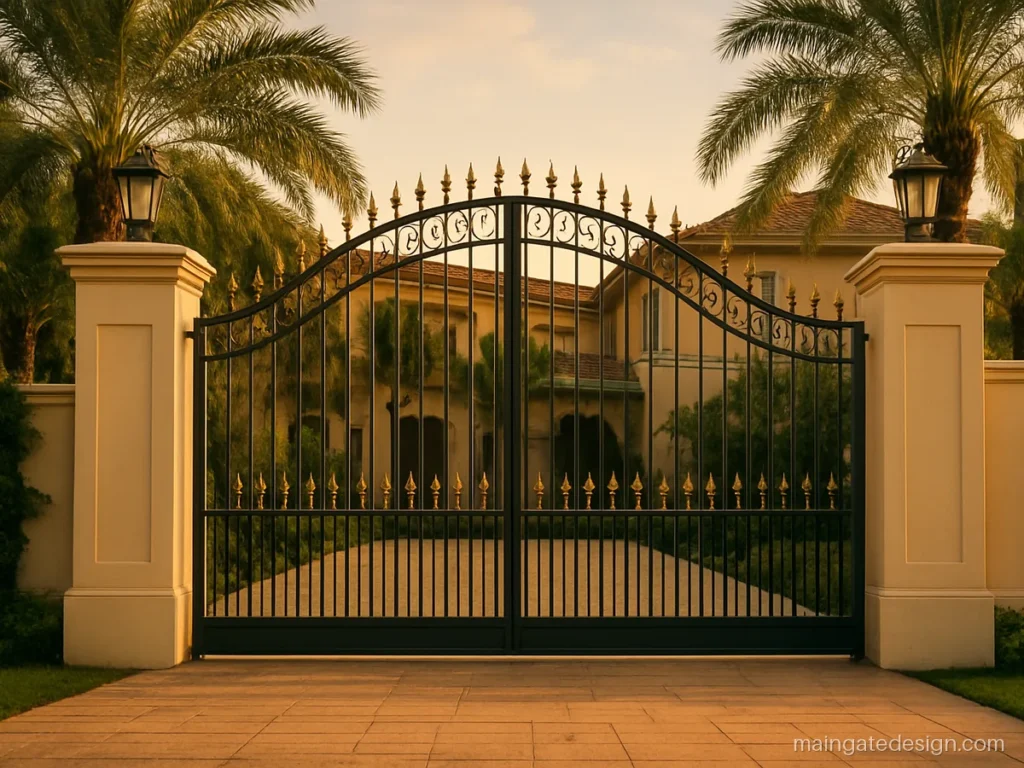 Luxury royal main gate design with arched top and gold finials on black