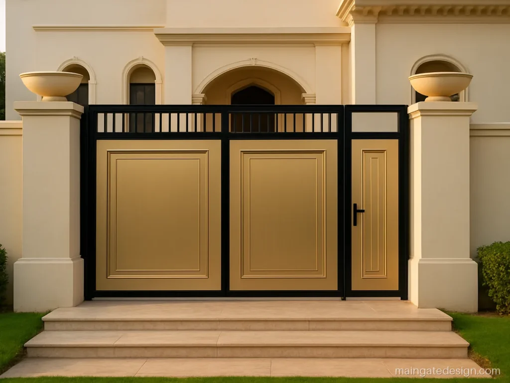 Royal front gate design with champagne gold panels and black frame