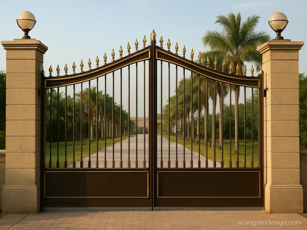Luxury modern main gate design with tall pillars and a crown-style top rail