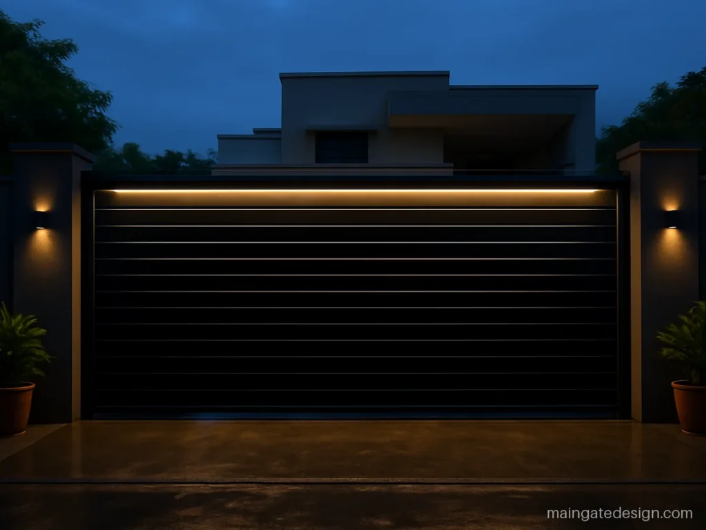 Latest main gate design with horizontal slats and a warm LED strip