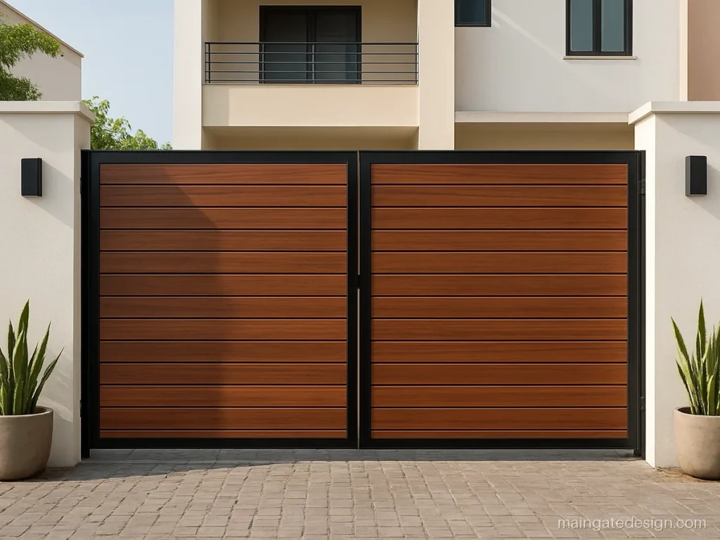 Modern iron main gate design with wood finish slats inside a thin black frame