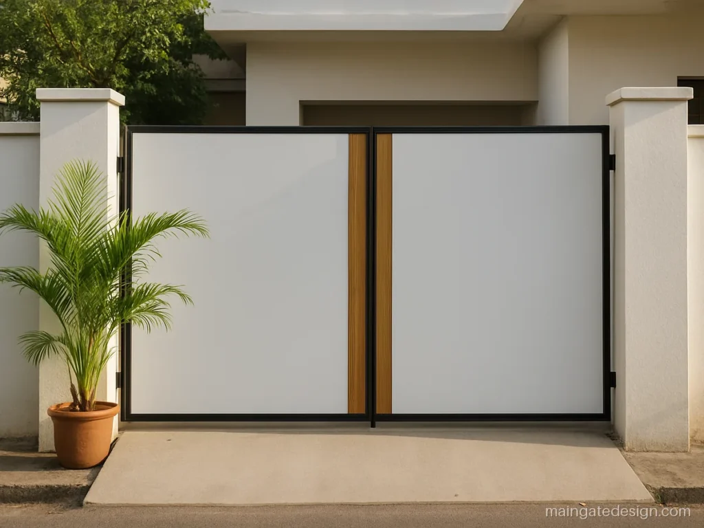 Main gate design modern style in white with a vertical wood accent strip