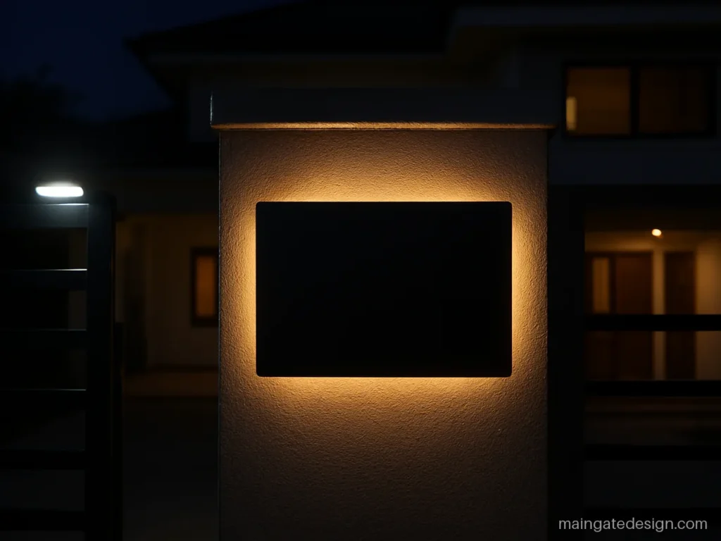 Main gate house name plate design with light showing a warm halo glow at night