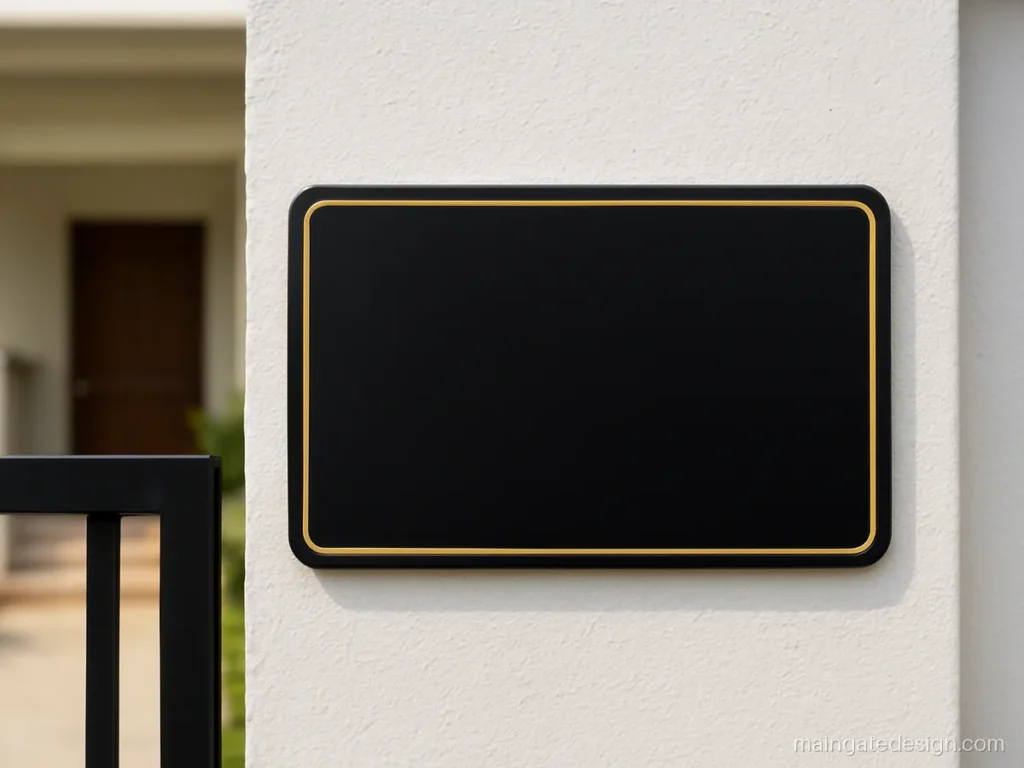 Modern main gate name plate design in black steel with a thin gold border