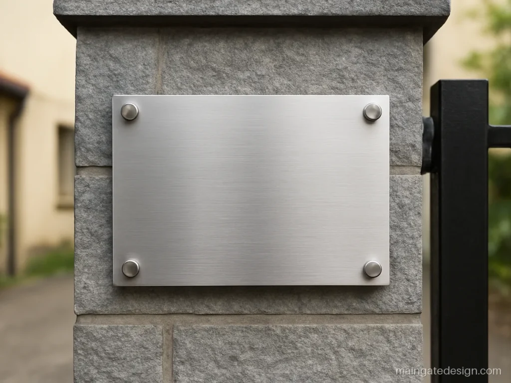 Main gate name plate design in brushed steel fixed with standoff bolts on a pillar