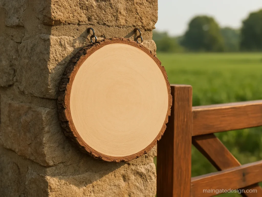 Main gate farm house name plate design on a round wood slice