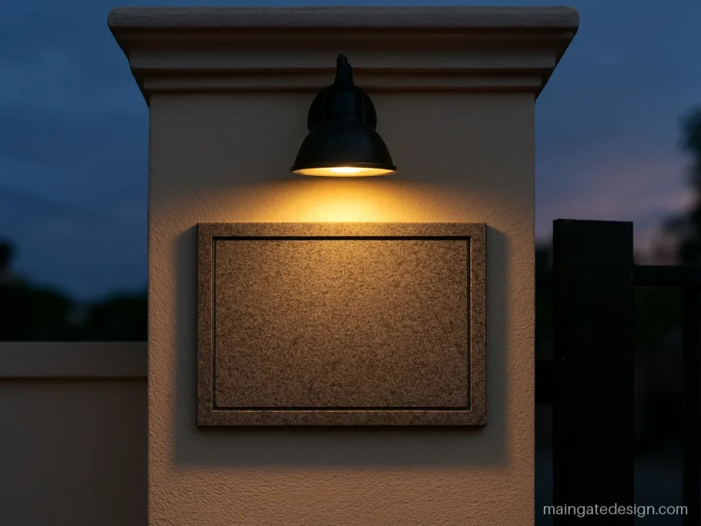 House name plate design for main gate with a small wall lamp above