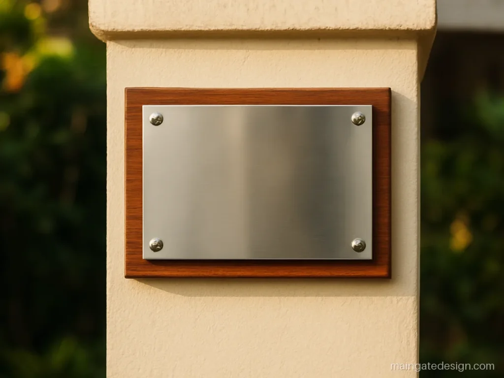 Steel and wood name plate design for main gate on a cream pillar