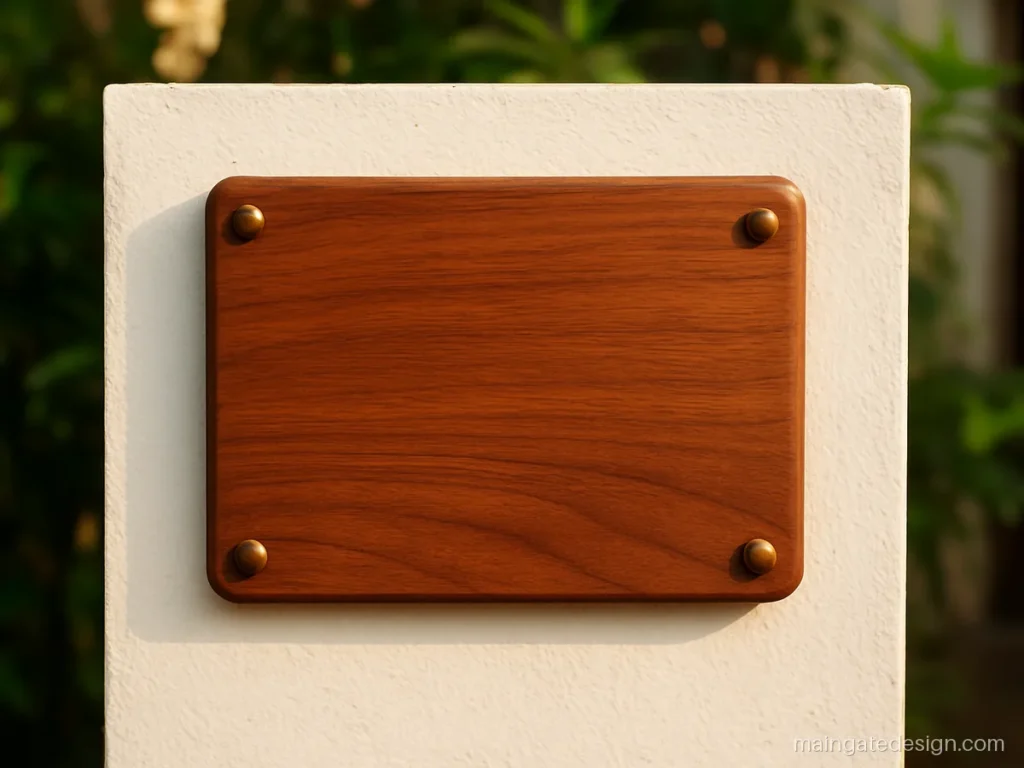 Main gate wooden modern house name plate design in teak with brass screws