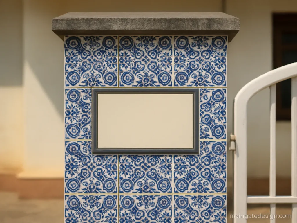 Main gate tiles name plate design with a cream plate inside patterned pillar tiles