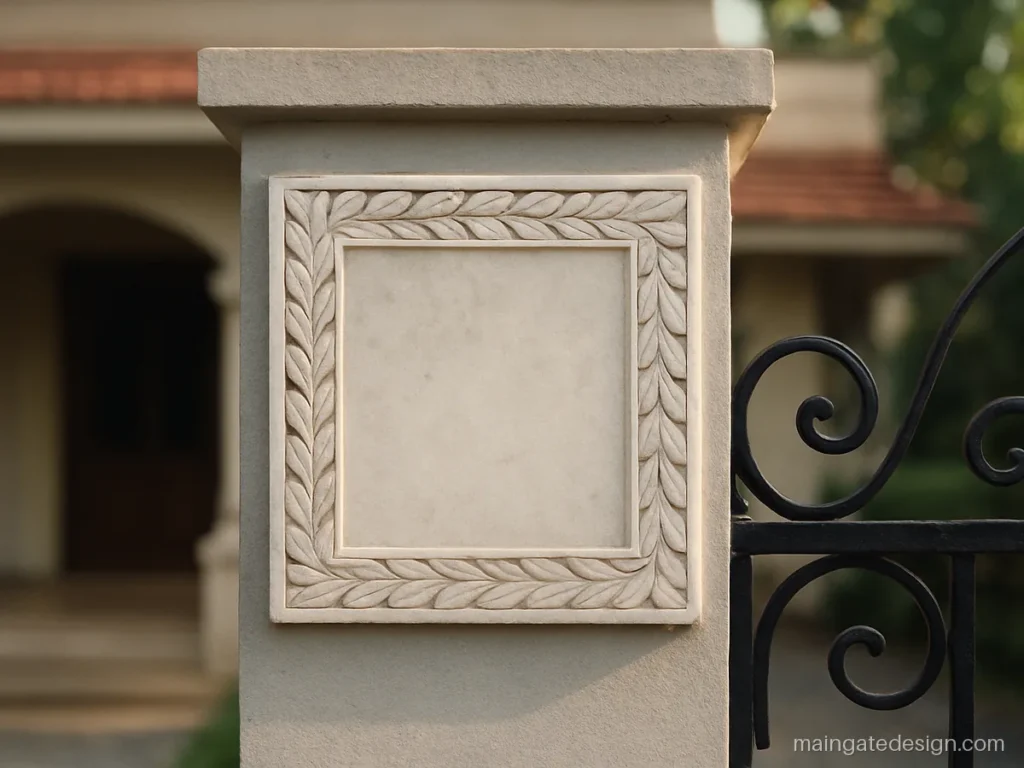 Marble name plate design for main gate with a carved leaf border