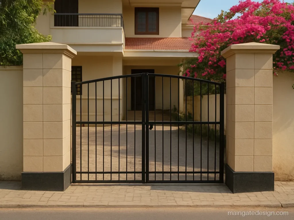 House main gate pillar design with beige textured tiles and a black granite band