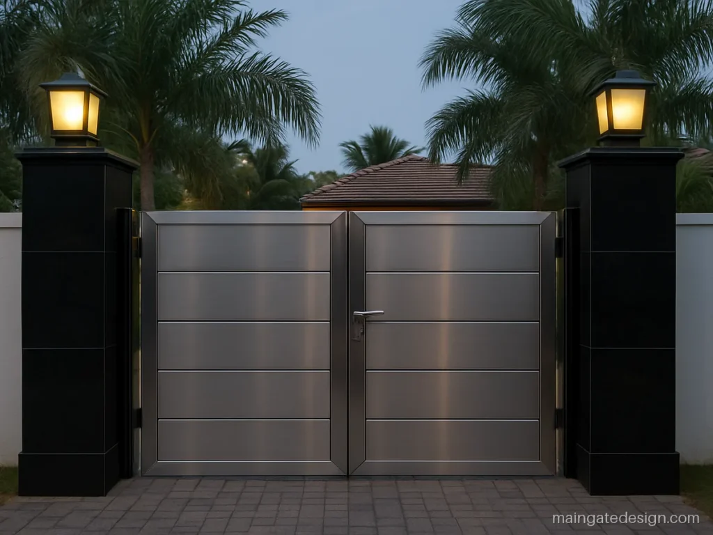 Main gate black granite pillar design with a polished face and lamp on top