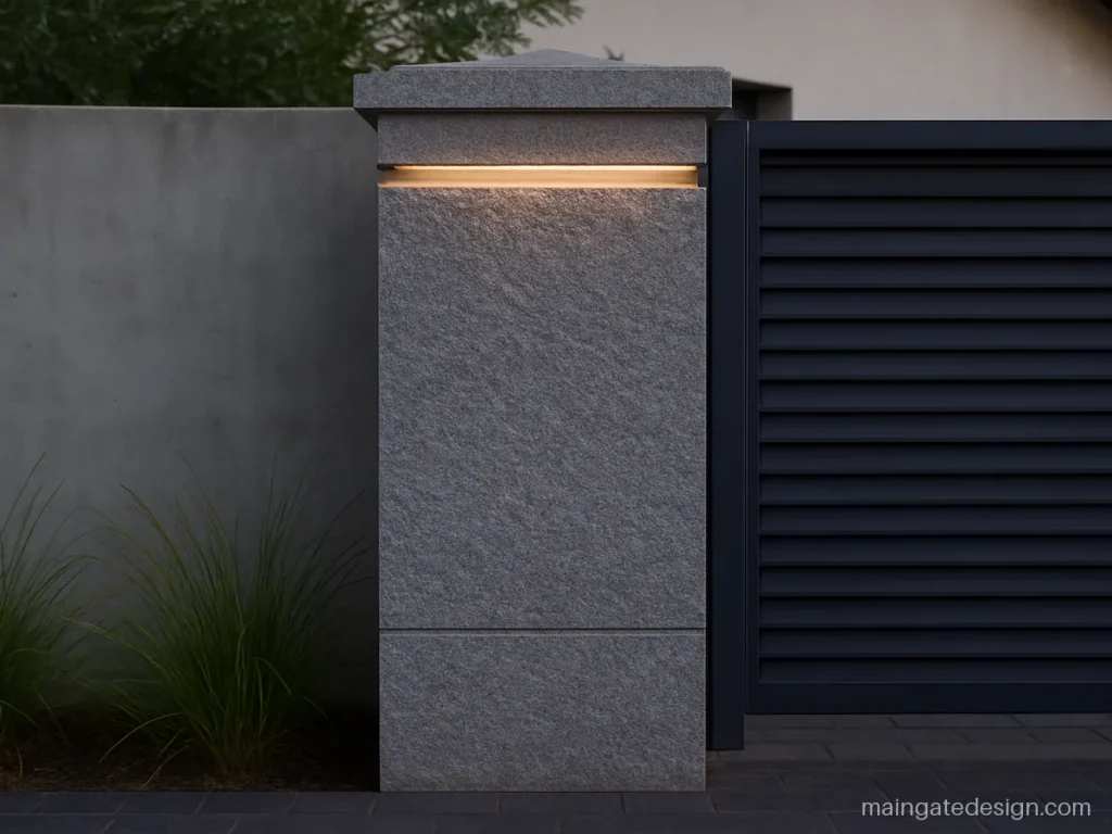 Grey flamed granite gate pillar with a flat top and recessed groove