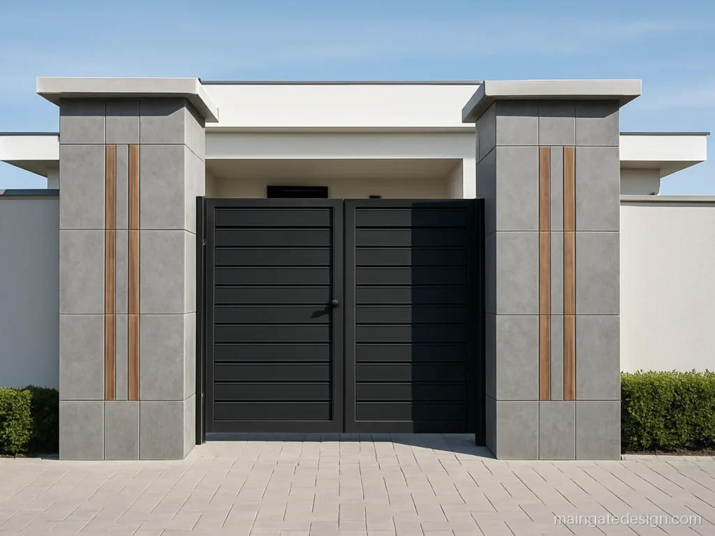 Modern main gate pillar tiles design with grey stone look tiles and wood strips