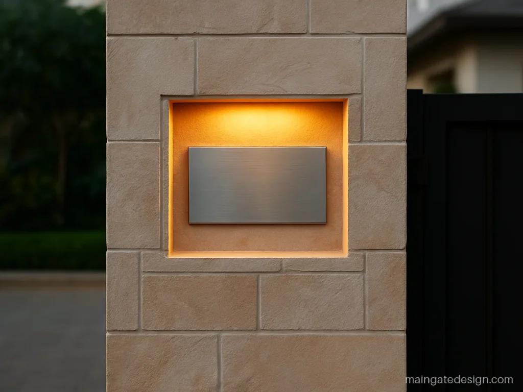 Stone clad pillar with a recessed light niche and a blank name plate