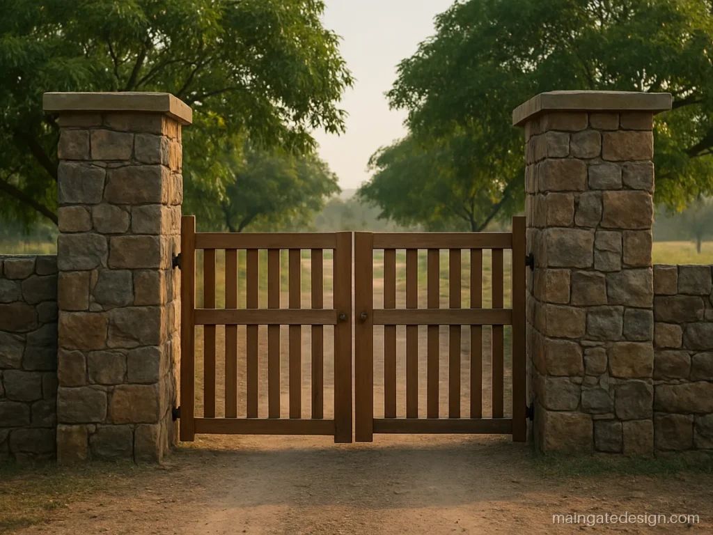 Rough natural stone cladding on a main gate pillar at a farm house