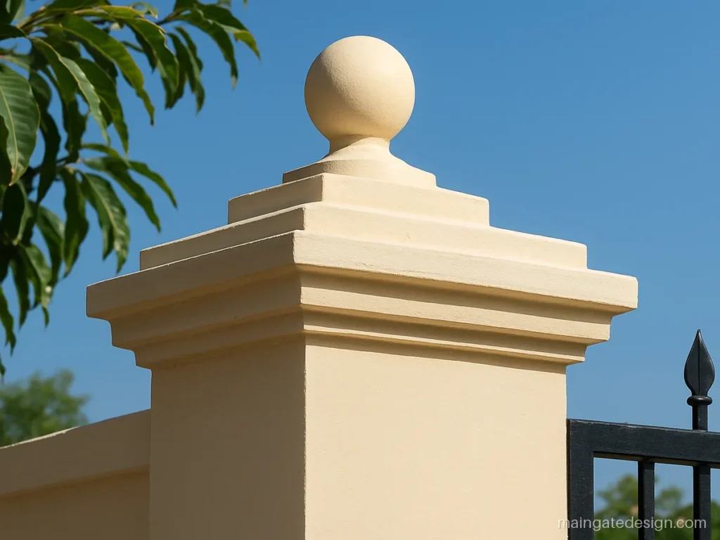 Simple main gate pillar top design with a stepped cement cap and ball