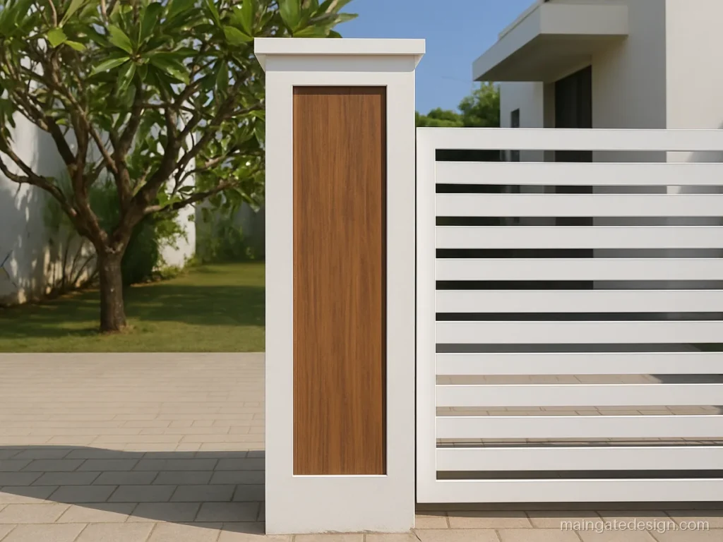 Modern main gate column design with a tall slim pillar and wood panel inlay
