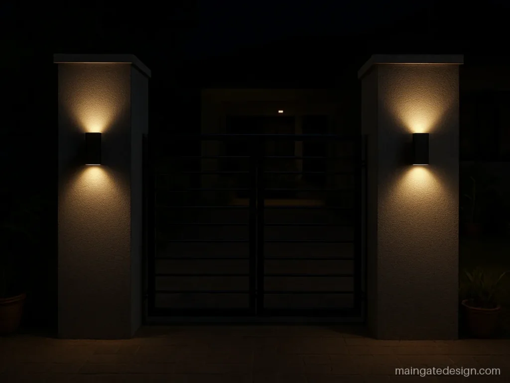 Main gate pillar light design with side mounted up down lights on grey pillars