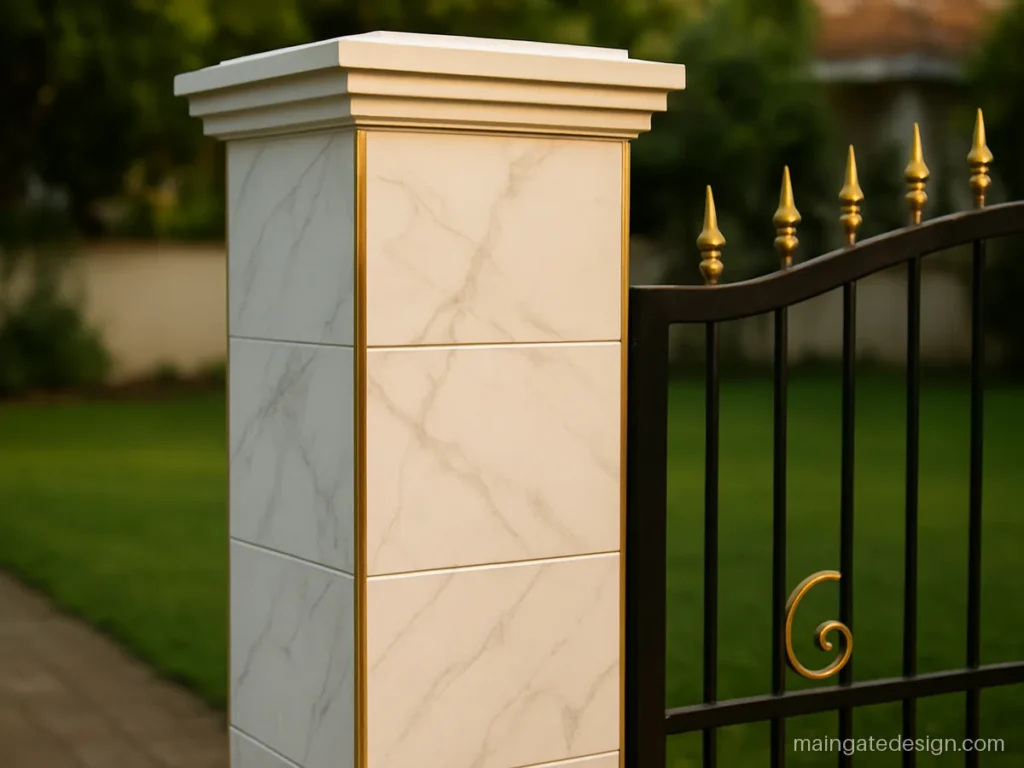 Main gate pillar tiles design in white marble look with thin gold metal trim
