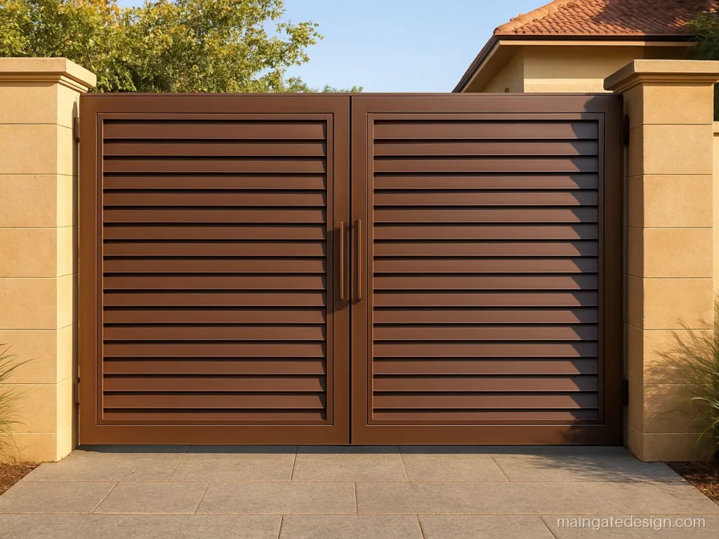 10 x 8 ft main gate design with angled louver panels in brown