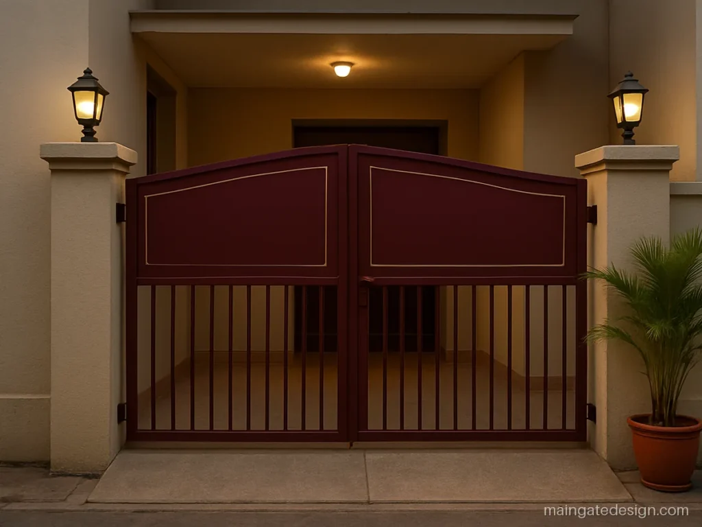 Double door 5 feet main gate design with a sheet top panel in maroon