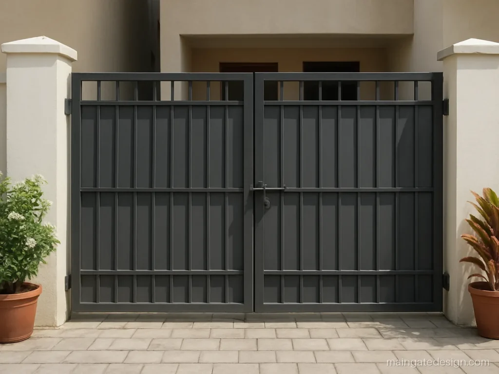 6 feet main gate design with a double leaf flat bar grid in grey